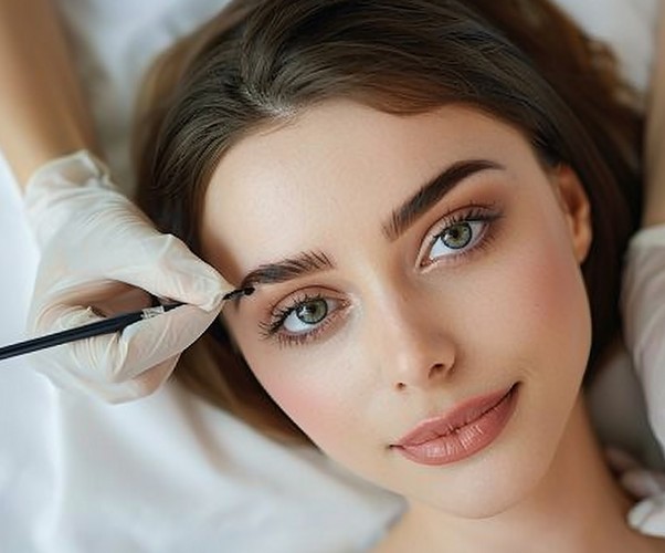 Close-up of a woman receiving microblading touch-up treatment